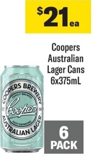 Coles Coopers Australian Lager Cans 6x375mL offer