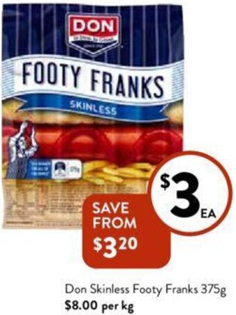 Foodworks Don Skinless Footy Franks 375g offer
