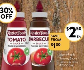 Foodworks MasterFoods Squeezy Sauce Tomato or BBQ 475/500ml offer