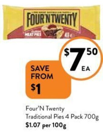 Foodworks Four'N Twenty Traditional Pies 4 Pack 700g offer