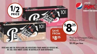 Foodworks Pepsi or Schweppes Cans 10 Pack x 375ml offer