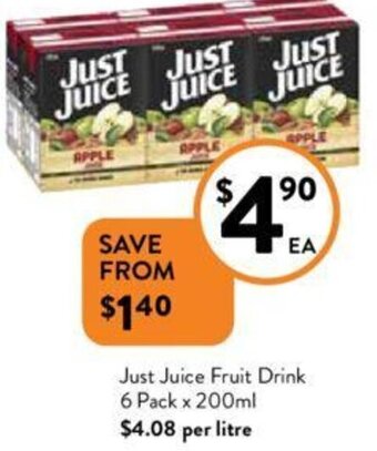 Foodworks Just Juice Fruit Drink 6 Pack x 200ml offer
