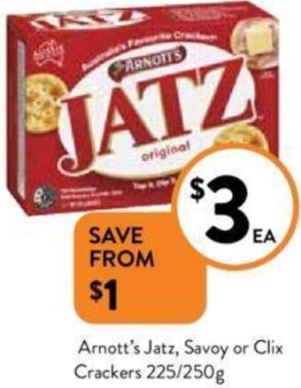 Foodworks Arnott's Jatz, Savoy or Clix Crackers 225/250g offer