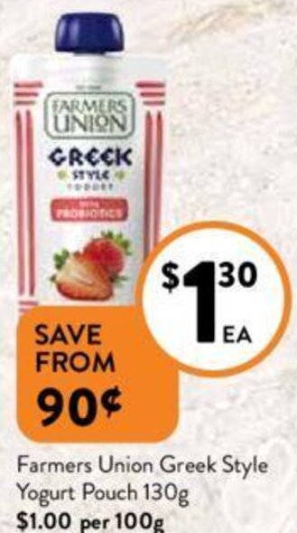 Foodworks Farmers Union Greek Style Yogurt Pouch 130g offer