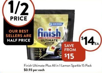 Foodworks Finish Ultimate Plus All in 1 Lemon Sparkle 15 Pack offer
