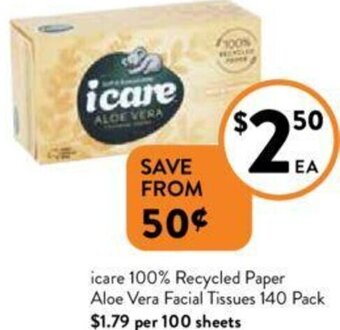 Foodworks icare 100% Recycled Paper Aloe Vera Facial Tissues 140 Pack offer
