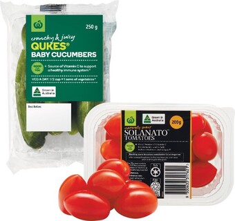 Woolworths Australian Sweet Solanatou2122 Tomatoes 200g Punnet or Qukes Baby Cucumbers 250g Pack offer