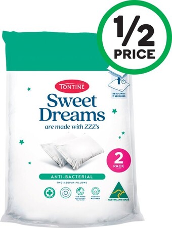 Woolworths Tontine Sweet Dreams Anti Bacterial Pillow Pk 2 offer