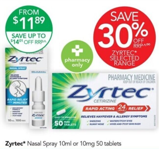 Zyrtec Nasal Spray 10ml or 10mg 50 tablets offer at Terry White