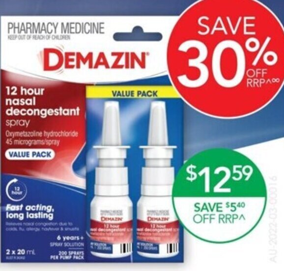 Demazin 12 Hour Decongestant Nasal Spray 2 pack offer at Terry White