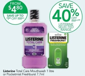 Terry White Listerine Total Care Mouthwash 1 litre or Pocketmist Freshburst 7.7ml offer