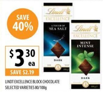 Supabarn LINDT EXCELLENCE BLOCK CHOCOLATE SELECTED VARIETIES 80/100g offer