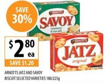 Supabarn ARNOTTS JATZ AND SAVOY BISCUIT SELECTED VARIETIES 180/225g offer