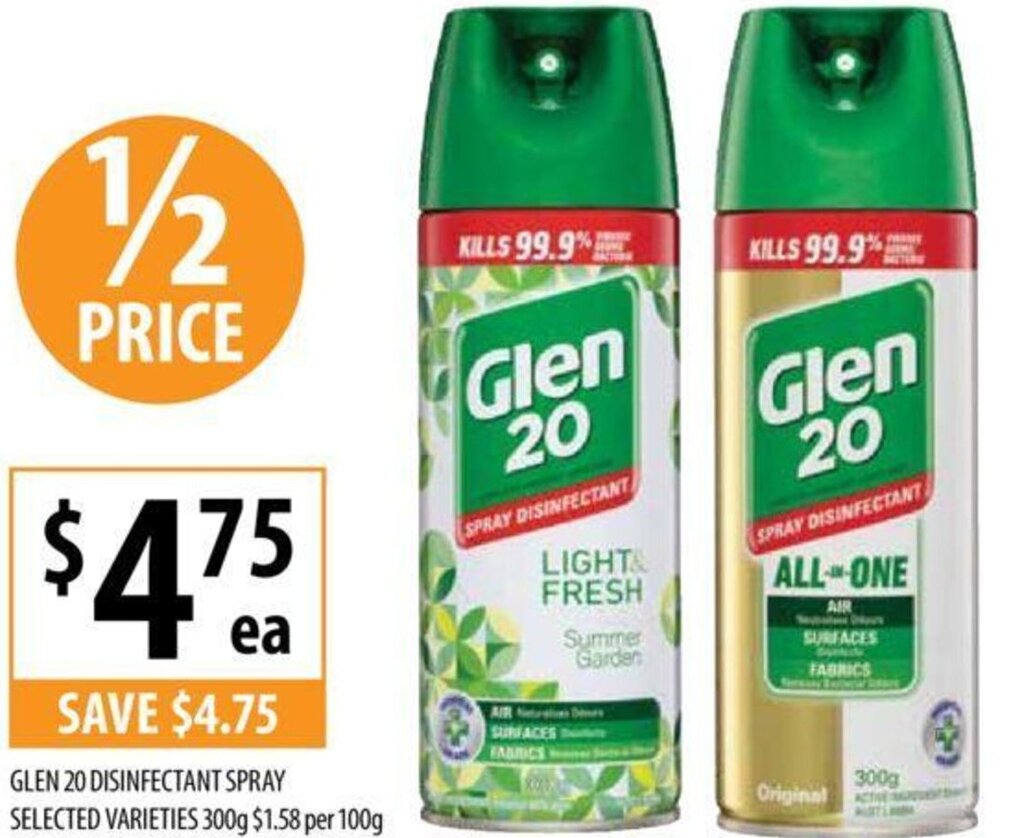 GLEN 20 DISINFECTANT SPRAY SELECTED VARIETIES 300g offer at Supabarn