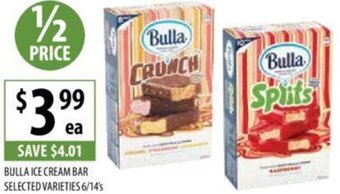 Supabarn BULLA ICE CREAM BAR SELECTED VARIETIES 6/14's offer