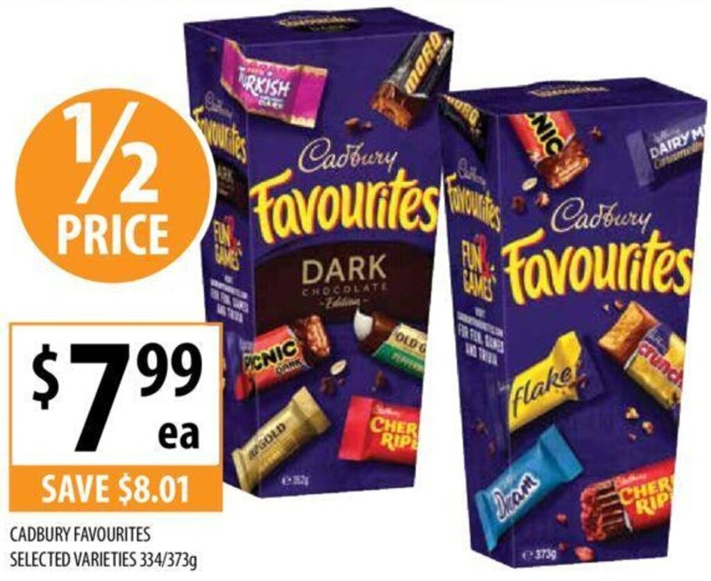 CADBURY FAVOURITES SELECTED VARIETIES 334/373g offer at Supabarn