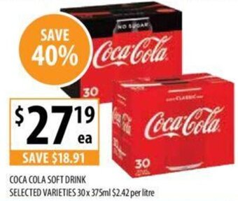 Supabarn COCA COLA SOFT DRINK SELECTED VARIETIES 30 x 375ml offer