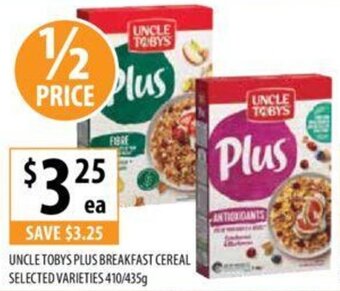 Supabarn UNCLE TOBYS PLUS BREAKFAST CEREAL SELECTED VARIETIES 410/435g offer