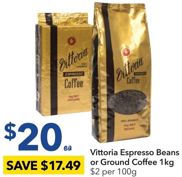Vittoria Espresso Beans or Ground Coffee 1kg offer at Ritchies