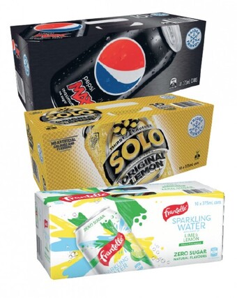 Coles Pepsi, Solo or Schweppes Soft Drink or Frantelle Sparkling Water Cans 10x375mL offer