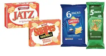 Coles Arnottu2019s Jatz or Shapes Crackers 160g-225g, Smithu2019s Chips 6 Pack 114g or Jumpyu2019s Snacks 5 Pack 90g offer
