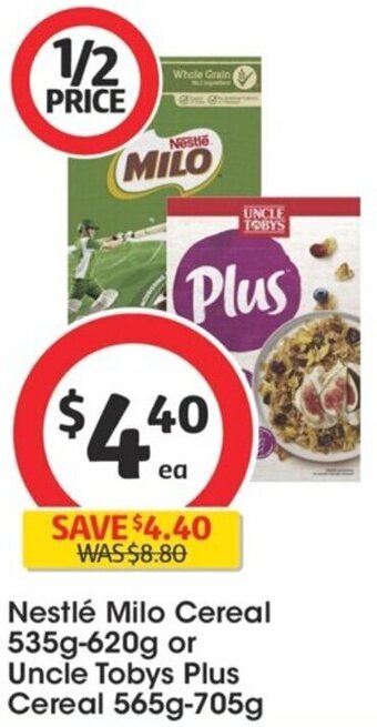 Coles Nestlé Milo Cereal 535g-620g or Uncle Tobys Plus Cereal 565g-705g offer