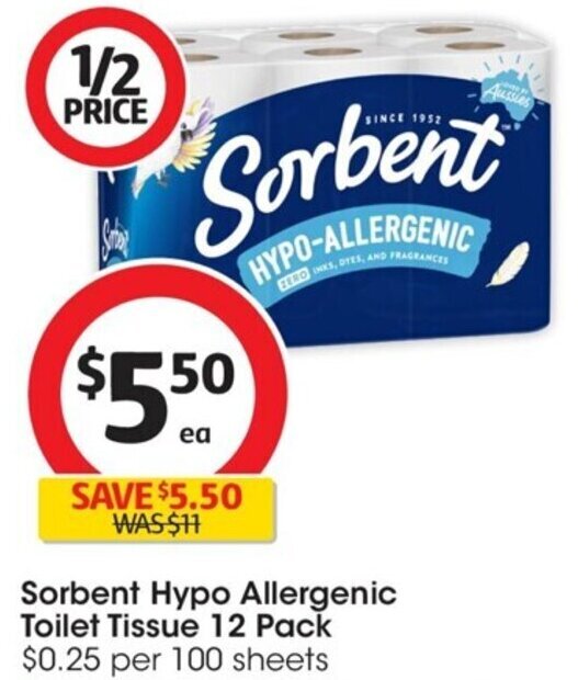 Sorbent Hypo Allergenic Toilet Tissue 12 Pack offer at Coles