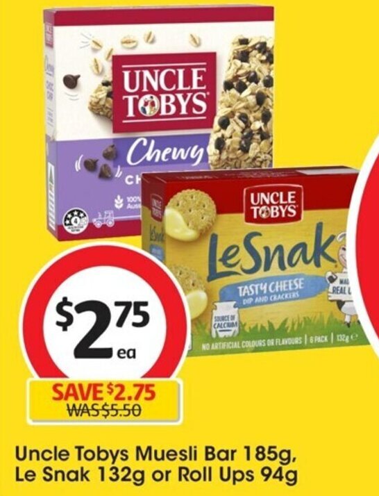 Uncle Tobys Muesli Bar 185g, Le Snak 132g or Roll Ups 94g offer at Coles