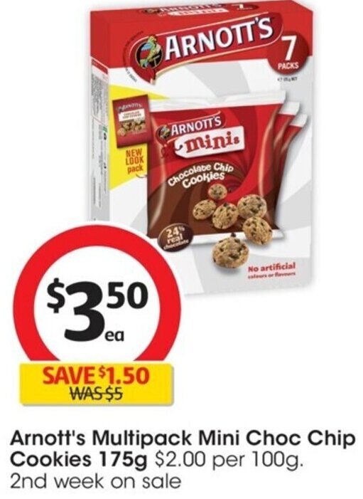 Arnott's Multipack Mini Choc Chip Cookies 175g offer at Coles