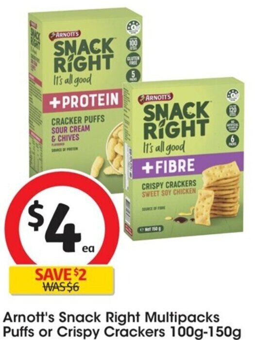 Arnott's Snack Right Multipacks Puffs or Crispy Crackers 100g150g