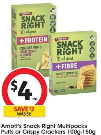 Coles Arnott's Snack Right Multipacks Puffs or Crispy Crackers 100g-150g offer