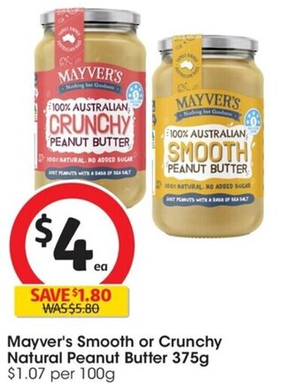 Coles Mayver's Smooth or Crunchy Natural Peanut Butter 375g offer