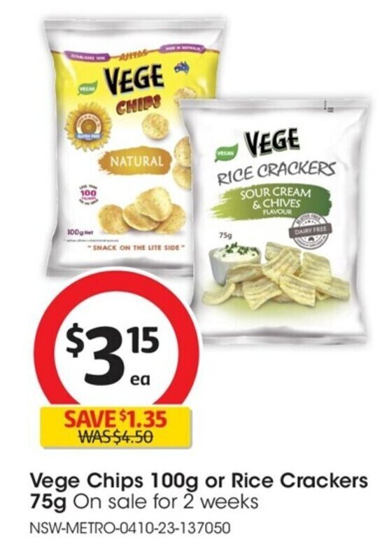 Vege Chips 100g or Rice Crackers 75g offer at Coles
