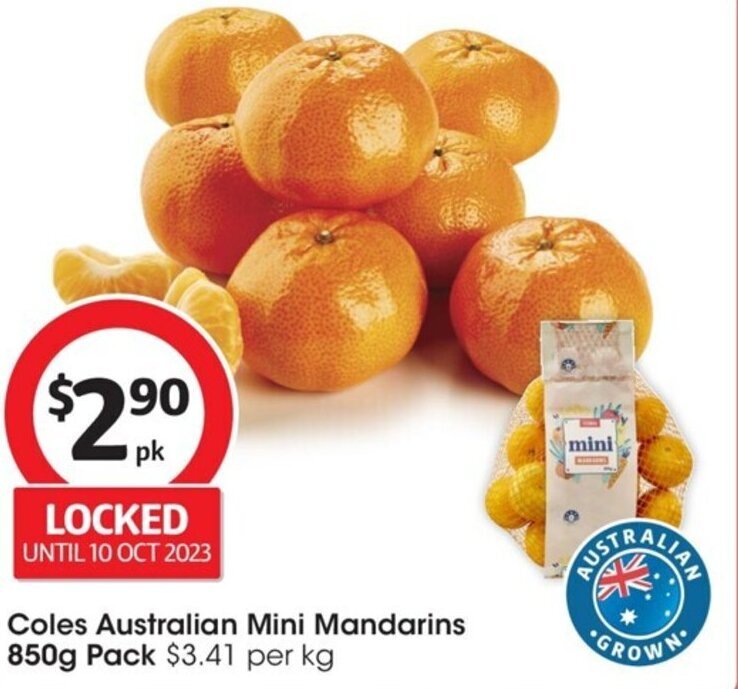 Coles Australian Mini Mandarins 850g Pack offer at Coles