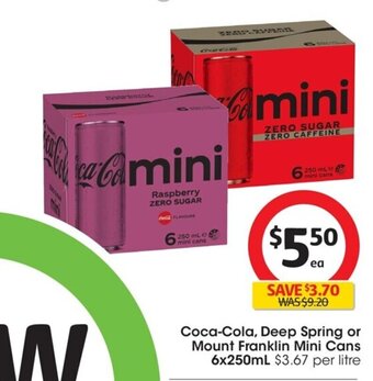 Coles Coca-Cola, Deep Spring or Mount Franklin Mini Cans 6x250mL offer