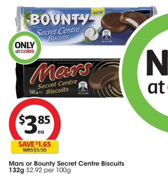 Coles Mars or Bounty Secret Centre Biscuits 132g offer