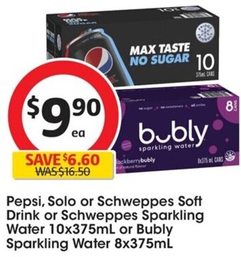Coles Pepsi, Solo or Schweppes Soft Drink or Schweppes Sparkling Water 10x375mL or Bubly Sparkling Water 8x375mL offer