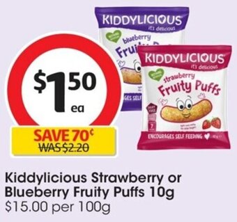 Coles Kiddylicious Strawberry or Blueberry Fruity Puffs 10g offer
