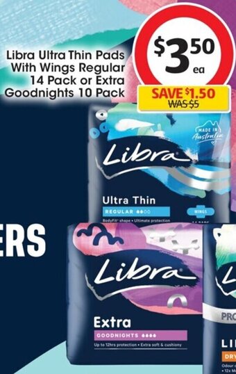 Coles Libra Ultra Thin Pads With Wings Regular 14 Pack or Extra Goodnights 10 Pack offer