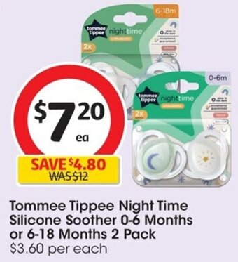 Coles Tommee Tippee Night Time Silicone Soother 0-6 Months or 6-18 Months 2 Pack offer