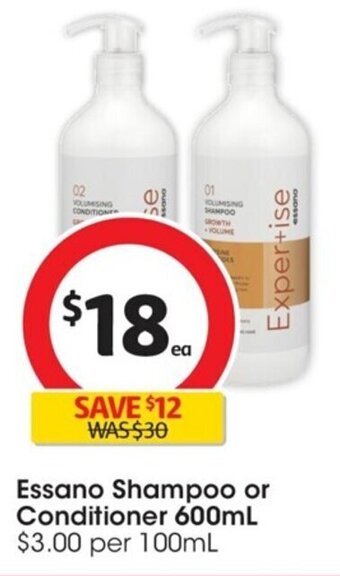 Coles Essano Shampoo or Conditioner 600mL offer