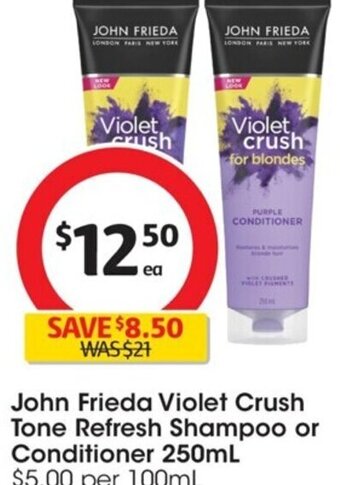 Coles John Frieda Violet Crush Tone Refresh Shampoo or Conditioner 250mL offer