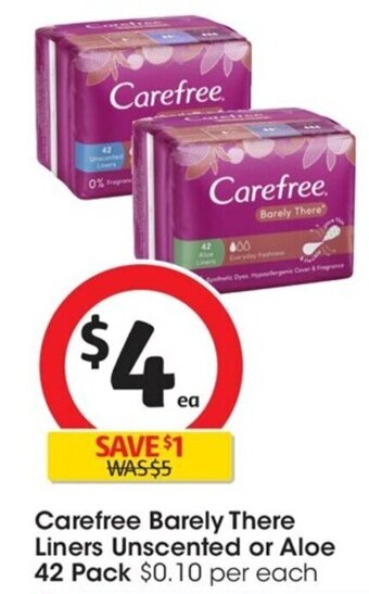Coles Carefree Barely There Liners Unscented or Aloe 42 Pack offer