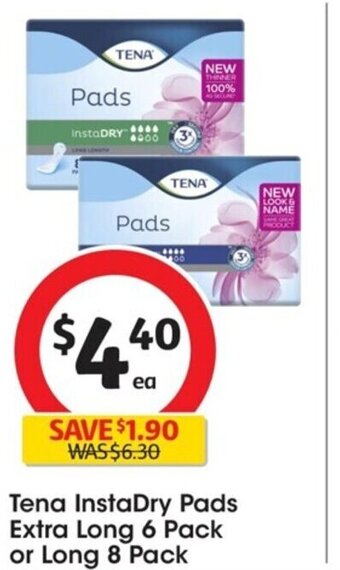 Coles Tena InstaDry Pads Extra Long 6 Pack or Long 8 Pack offer
