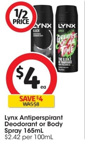 Coles Lynx Antiperspirant Deodorant or Body Spray 165mL offer