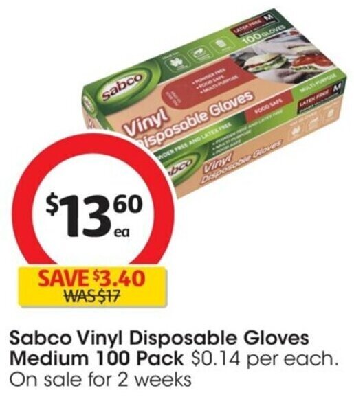 Sabco Vinyl Disposable Gloves Medium 100 Pack offer at Coles