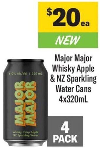 Coles Major Major` Whisky Apple & NZ Sparkling Water Cans 4x320mL offer