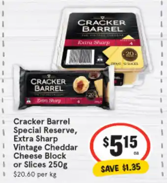IGA Cracker Barrel Special Reserve, Extra Sharp Vintage Cheddar Cheese Block or Slices 250g offer