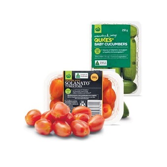 Woolworths Australian sweet solanato tomatoes 200g punnet or qukes baby cucumbers 250g pack offer