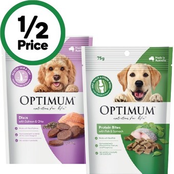 Woolworths Optimum dog treats pk 6 or optimum protein bites dog treats 75g offer